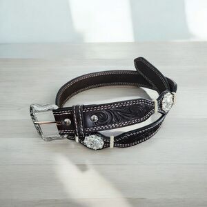 Western Ranger Belt Chocolate Brown Scalloped Conchos Floral Tooling Size 36